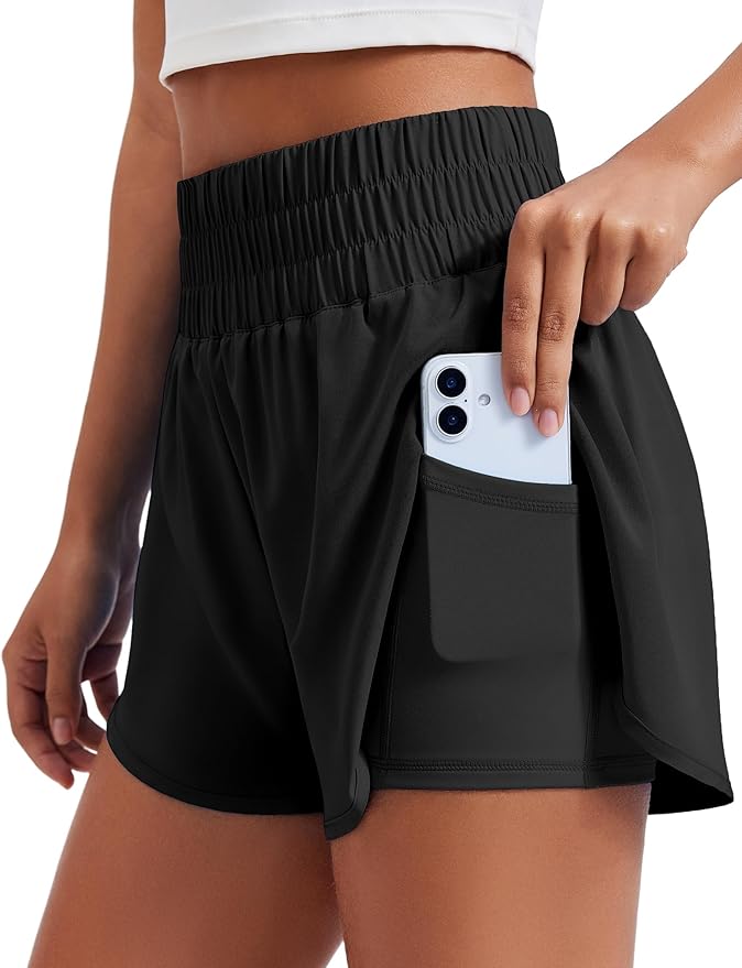 PINSPARK Women's 2 in 1 Running Shorts High-Split Athletic Short High Waisted 3" Liner Workout Gym Short with Pockets