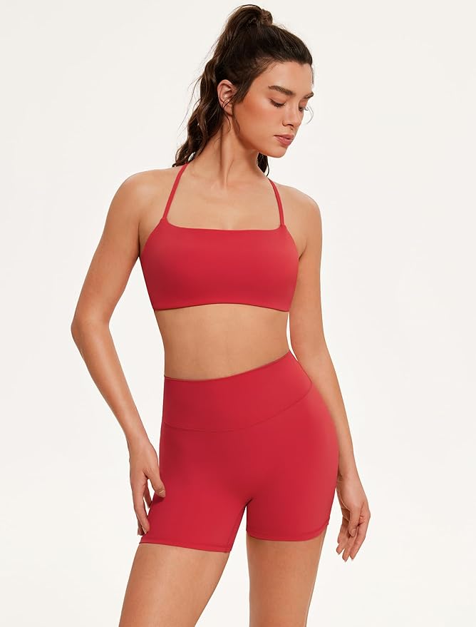 OMKAGI Workout Sets for Women Open Back Strappy Sports Bra Booty Biker Shorts Gym Outfits
