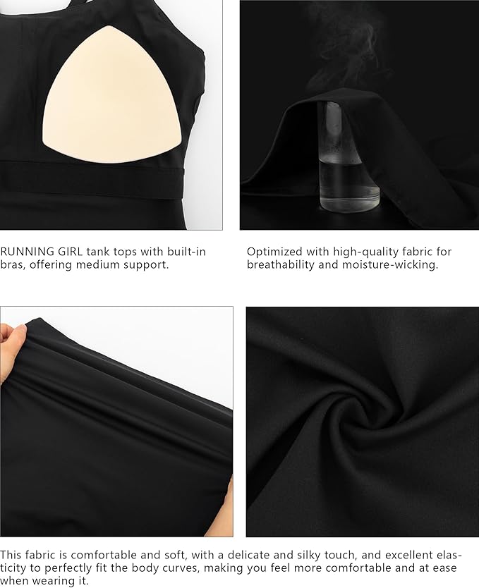 RUNNING GIRL Yoga Tank Tops for Women Built in Shelf Bra B/C Cups Strappy Back Activewear Workout Compression Tops