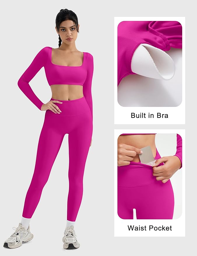 SUUKSESS Women 2 Piece Workout Sets Compression Tummy Control Leggings with Pockets Long Sleeve Square Neck Padded Crop Tops