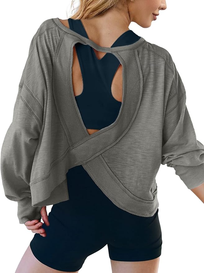 UNIANKIYA Open Back Workout Tops for Women Long Sleeve Cropped Athletic Clothes Gym Running Yoga Low Impact Sports T Shirts