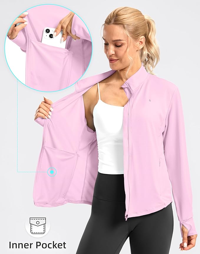 Soothfeel Women's UPF 50+ Lightweight Athletic Jackets Sun Protection Zip Up Long Sleeve Shirts Hiking Workout Outdoor Pocket