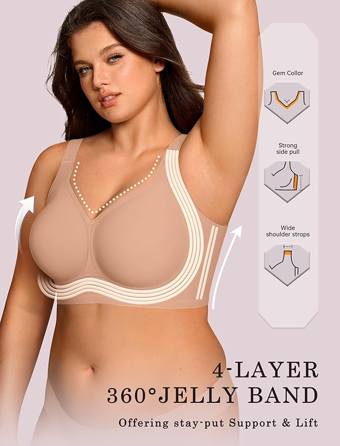 OEAK Womens Wireless Jelly Bra Plus Size Supportive Seamless Bras Full Coverage Push Up Comfortable No Underwire Tshirt Bras