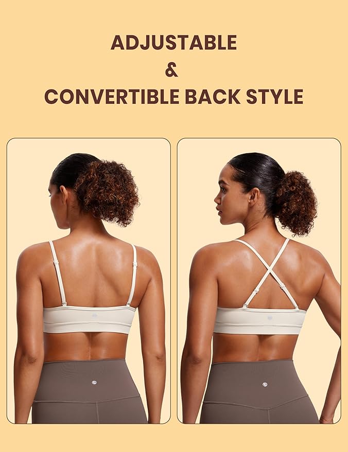CRZ YOGA Butterluxe V-Neck Sports Bras for Women - Adjustable Thin Straps Padded Yoga Top Basic Wireless Camisole