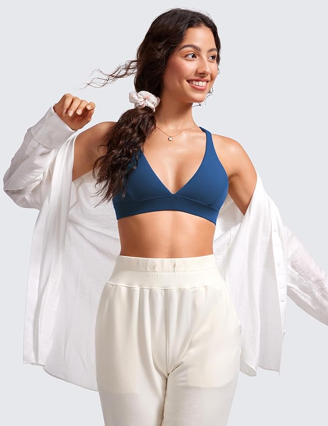 CRZ YOGA Butterluxe Deep V-Neck Sports Bras for Women - Spaghetti Strap Criss Cross Padded Top Low Coverage Wireless Yoga