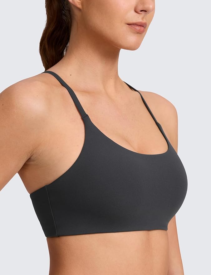 CRZ YOGA Butterlift Double Lined V Back Sports Bras for Women - Scoop Neck Spaghetti Strap Wireless Yoga Top Non Padded