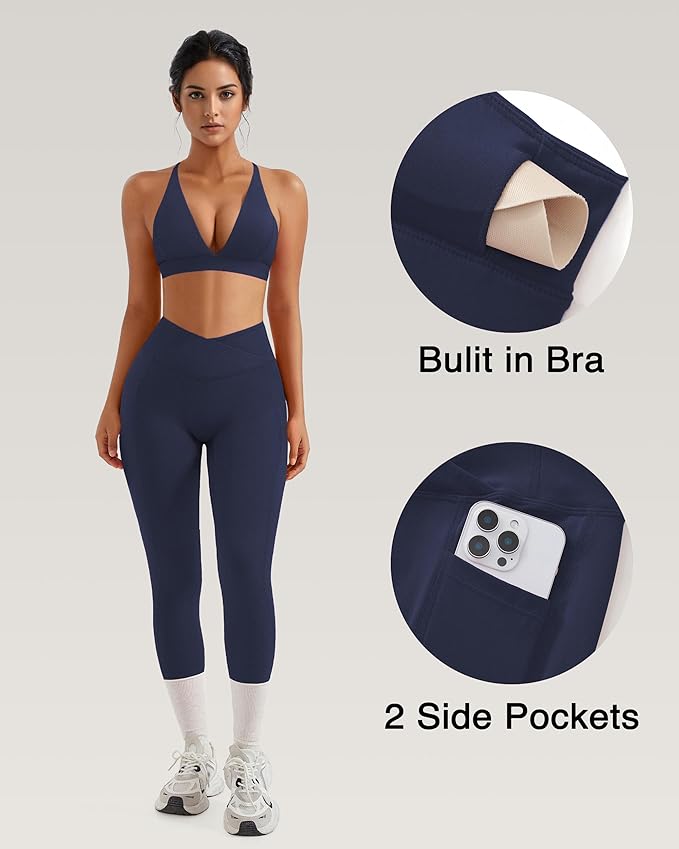 RXRXCOCO 2 Piece Workout Sets for Women Strappy Sports Bra Booty Leggings with Pockets Yoga Gym Outfits