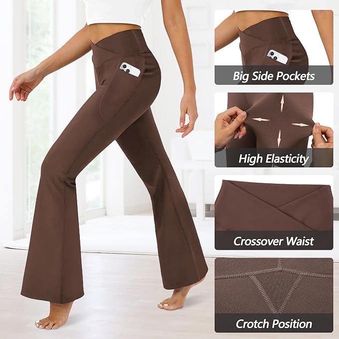 DLOODA Women's Flare Leggings with Pockets Crossover High Waisted Bootcut Yoga Pants Tummy Control Bell Bottom Leggings