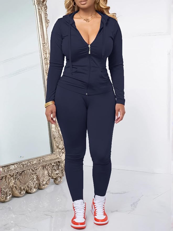 AUXDIO Women 2 Piece Outfits Casual Workout Sets Bodycon Tracksuit Zip Up Long Sleeve Hoodle Jacket Jogger Pants Set