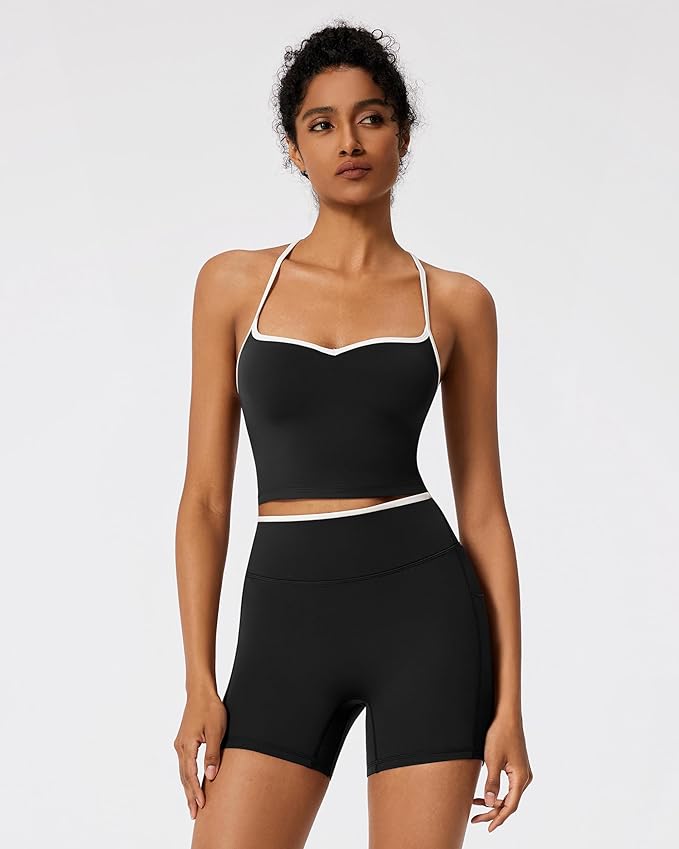 RXRXCOCO Color Block Workout Sets for Women 2 Piece Padded Strappy Tank Tops Hidden Scrunch Booty Shorts with Pockets