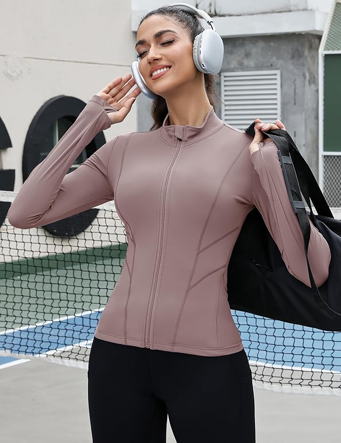 Rapbin Women's Slim Fit Workout Jackets Full Zip Long Sleeve Running Athletic Tops Yoga Shirts with Thumb Holes
