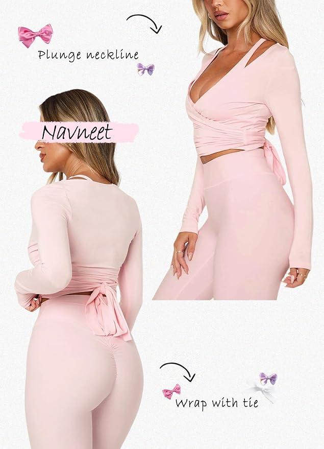Navneet Women Long Sleeve Ballet Pilates Yoga Wrap Tie Front Tops Workout Gym Shirts Cardigan