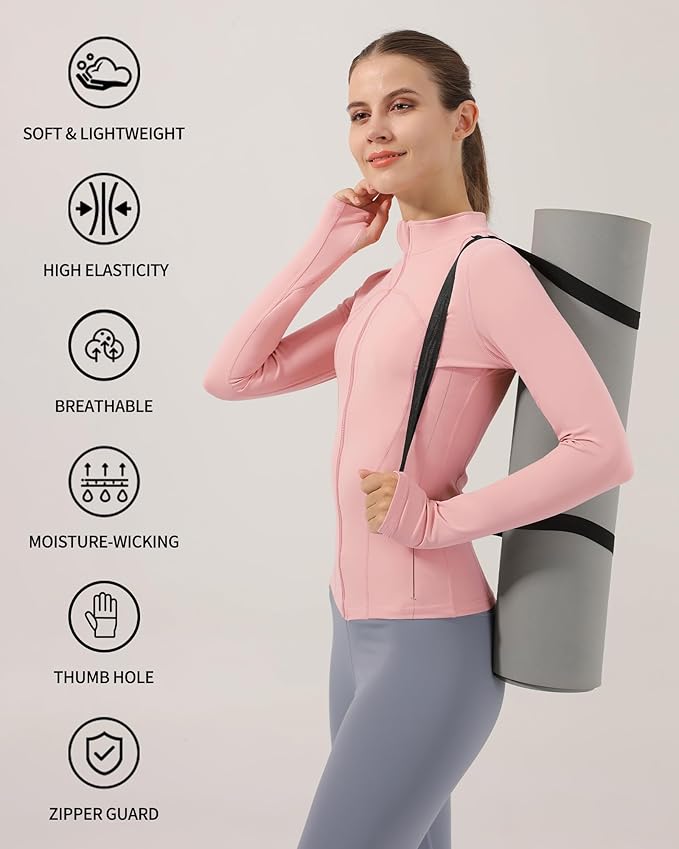 Locachy Women's Slim Fit Full Zip Athletic Running Sports Workout Jacket with Thumb Holes
