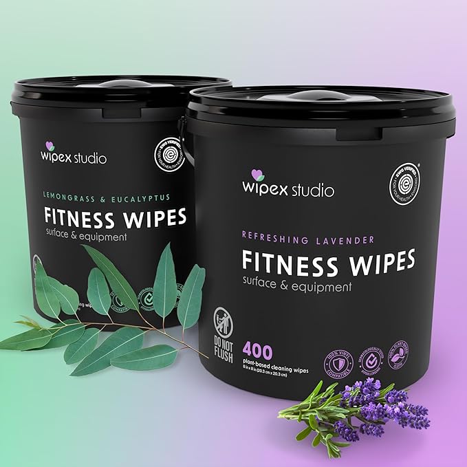 Wipex Fitness Wipes for Equipment Bundle - EWG Verified - Get 2 Buckets (1) Lemongrass & (1) Lavender Plant-Based Gym Equipment Wipes, Clean Surfaces & Mats, Safe Gym & Peloton Bike Cleaner
