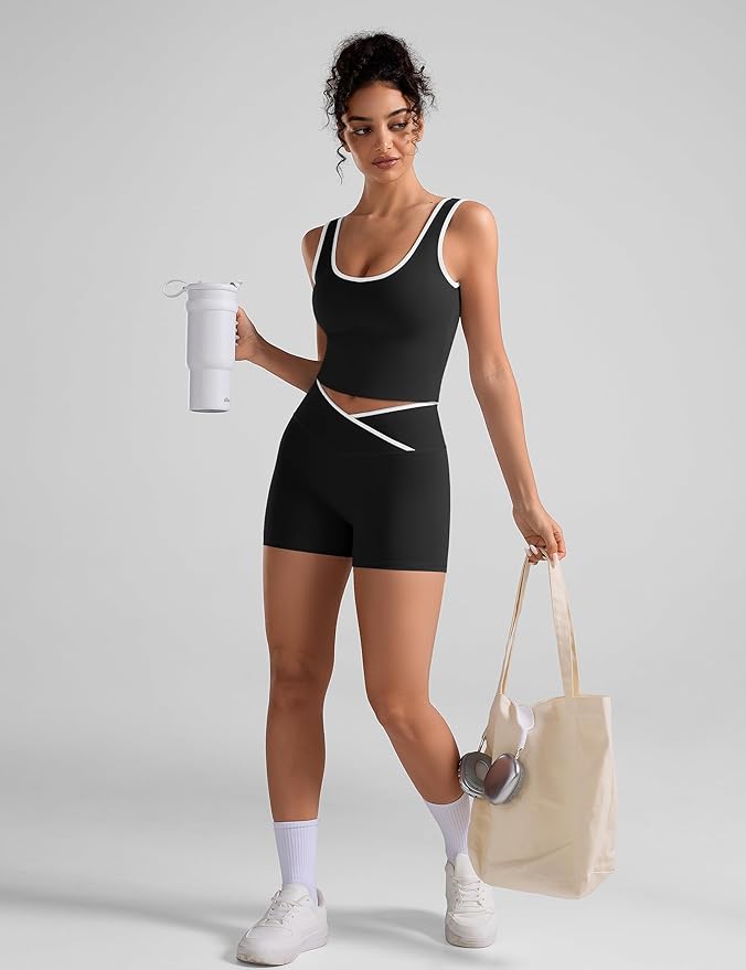 OLCHEE Womens Workout Sets 2 Piece Gym Yoga Outfits Crossover Flare Leggings Crop Tank Top with Contrast Trim