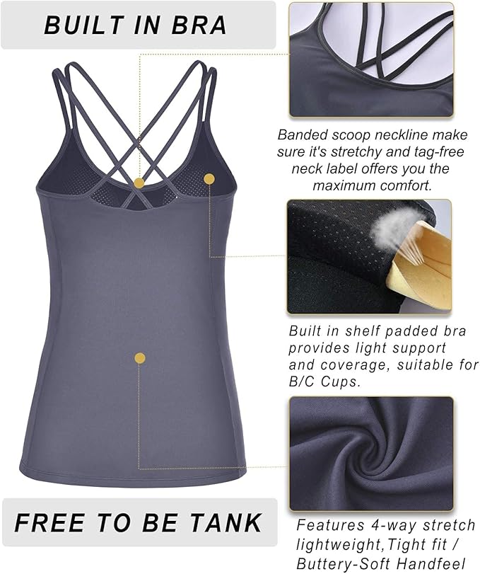 RUNNING GIRL Yoga Tank Tops for Women Built in Shelf Bra B/C Cups Strappy Back Activewear Workout Compression Tops