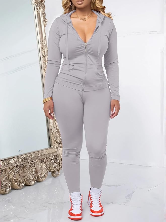 AUXDIO Women 2 Piece Outfits Casual Workout Sets Bodycon Tracksuit Zip Up Long Sleeve Hoodle Jacket Jogger Pants Set