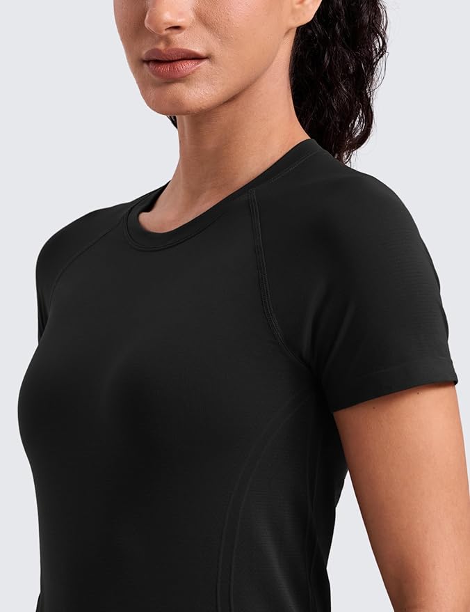 CRZ YOGA Seamless Workout Tops for Women Hip Length - Athletic Running Gym Yoga Short Sleeve Shirts Breathable Crewneck Tees