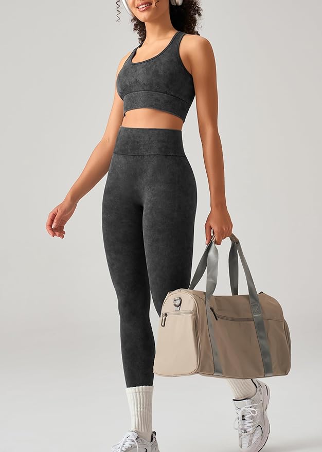 OLCHEE Womens Workout Sets 2 Piece - Acid Wash Seamless Yoga Outfits High Waist Leggings Padded Racerback Sports Bra Gym Set