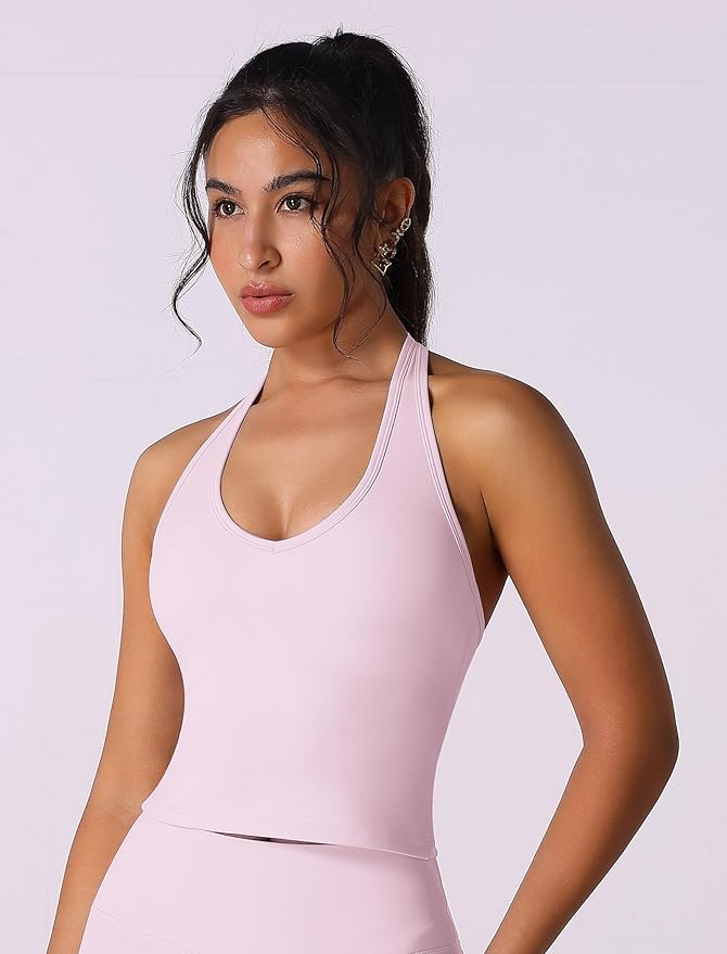 ABOCIW Womens Cross Back Workout Crop Tank with Built in Bra V Neck Longline Sports Bra Gym Shirt Yoga Pilates Top