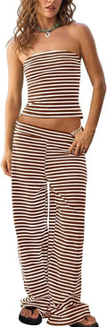 Tankaneo Womens Striped 2 Piece Sets Summer Strapless Crop Tube Tops Wide Leg Pants Matching Lounge Set Vacation Outfits