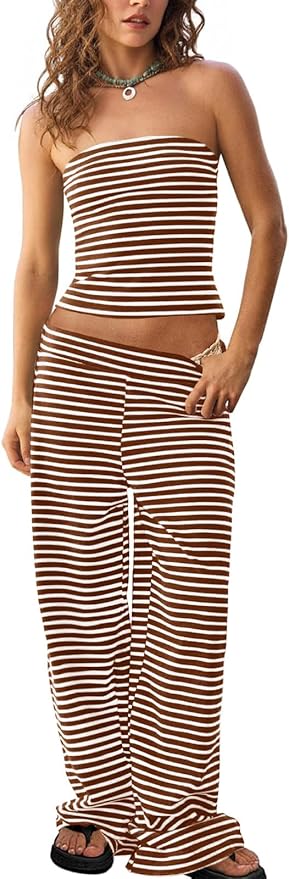 Tankaneo Womens Striped 2 Piece Sets Summer Strapless Crop Tube Tops Wide Leg Pants Matching Lounge Set Vacation Outfits