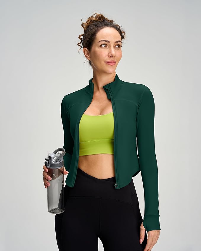 Women BBL Jacket Full Zip UP Workout Athletic Cropped Jacket wIth Thumb Holes Running Yoga Sportswear