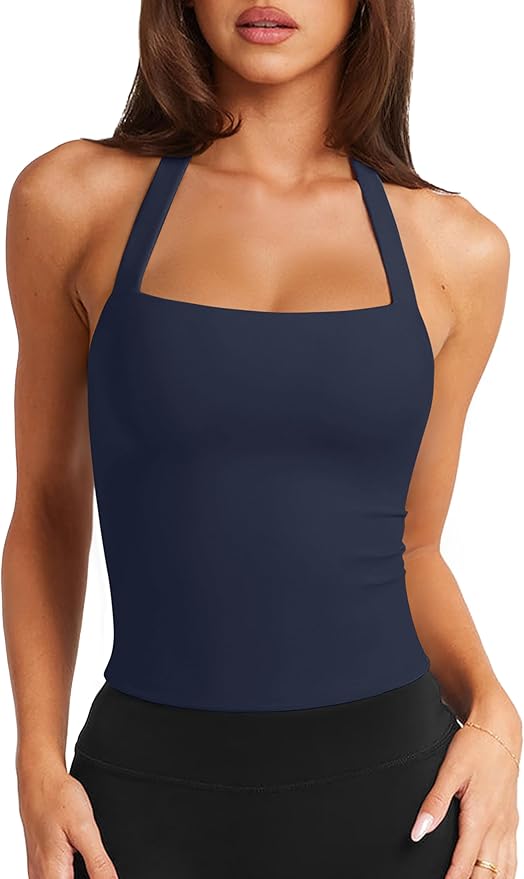 LASLULU Womens Sexy Halter Sports Bra Workout Tops Wirefree Sleeveless Gym Yoga Tank Tops Y2k Casual Crop