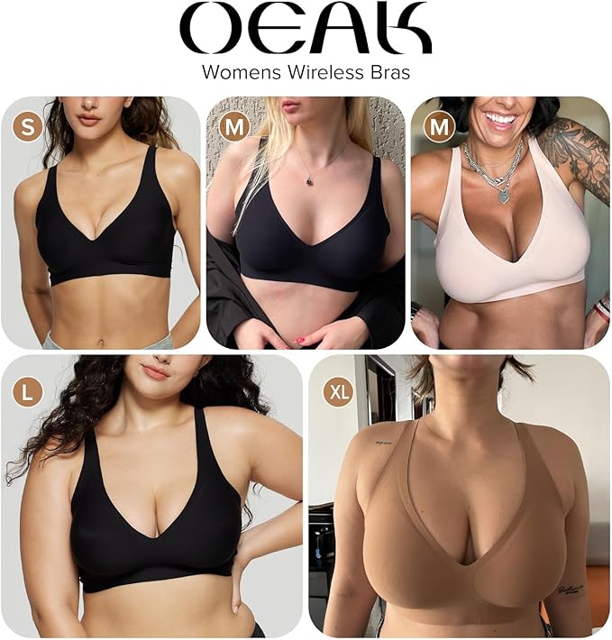 OEAK Womens Deep V Bras Wireless Comfortable Bra Supportive No Underwire Bras Tshirt Push Up Bralettes Plunge Seamless Bra