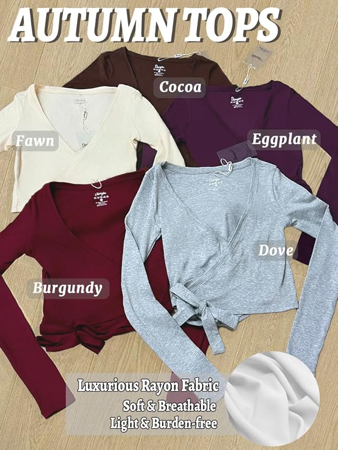 Danysu Ballet Wrap Tops Long Sleeve Cross Tie Crop Shirts Deep V-Neck Dance Clothes Fall Cardigans