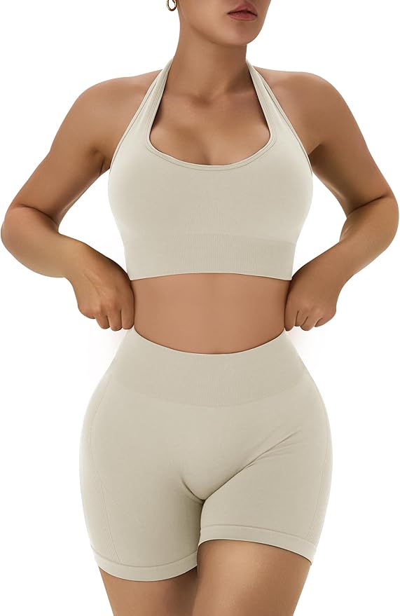 OLCHEE Workout Sets for Women 2 Piece Backless Halter Sports Bra High Waist Booty Shorts Yoga Gym Outfits Lounge Activewear