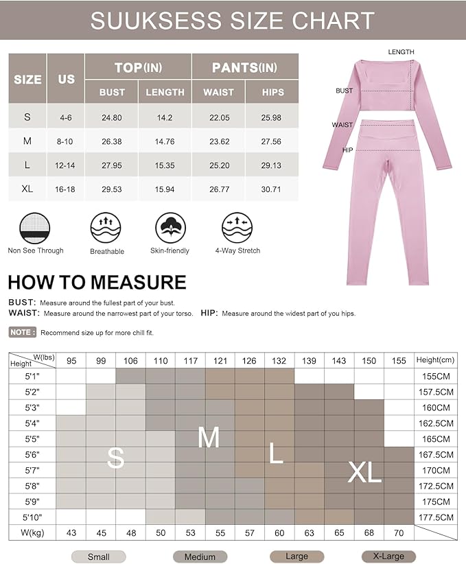 SUUKSESS Women 2 Piece Workout Sets Compression Tummy Control Leggings with Pockets Long Sleeve Square Neck Padded Crop Tops