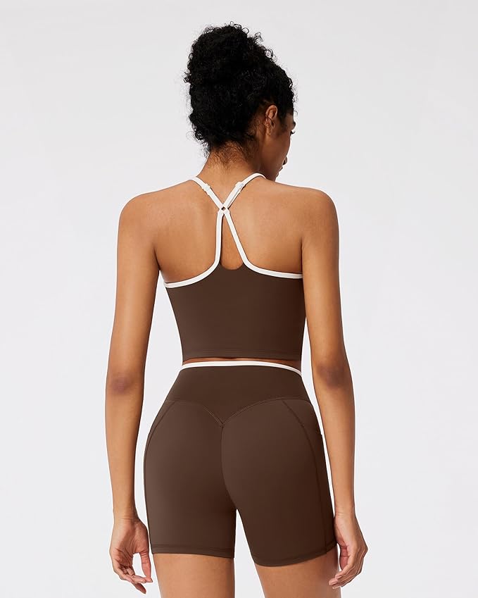 RXRXCOCO Color Block Workout Sets for Women 2 Piece Padded Strappy Tank Tops Hidden Scrunch Booty Shorts with Pockets