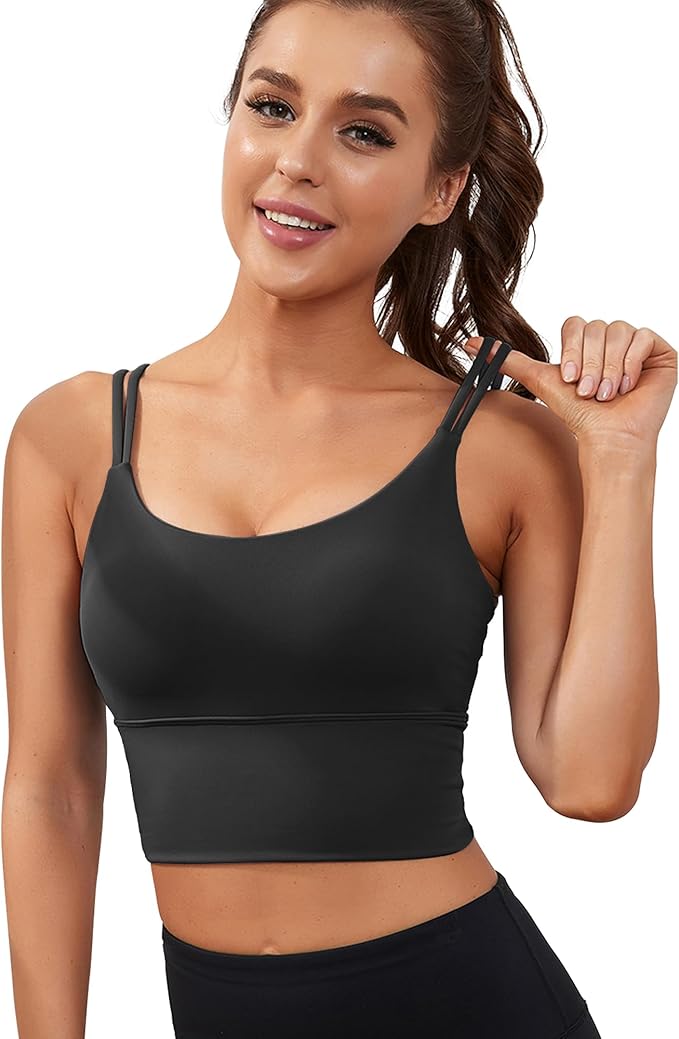 Everrysea Sports Bras for Women High Support Longline Workout Tank Tops Built in Bra Strappy Yoga Padded Crop Top