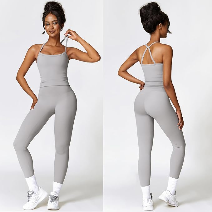 Women 2 Piece Workout Sets (NEW) Yoga Outfit Open Back Tank Top High Waisted Leggings Gym Sets Tracksuits