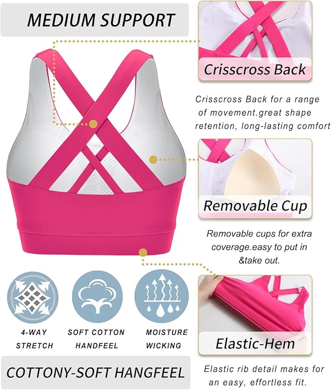 RUNNING GIRL Sports Bras for Women,Padded Strappy Sports Bras Criss-Cross Back Medium Support Sports Bras with Removable Cups
