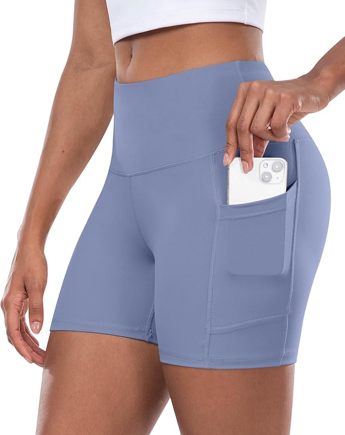 CHRLEISURE Womens Biker Yoga Shorts with Pocket, High Waisted Tummy Control 5 Inch Workout Spandex Athletic Gym Shorts