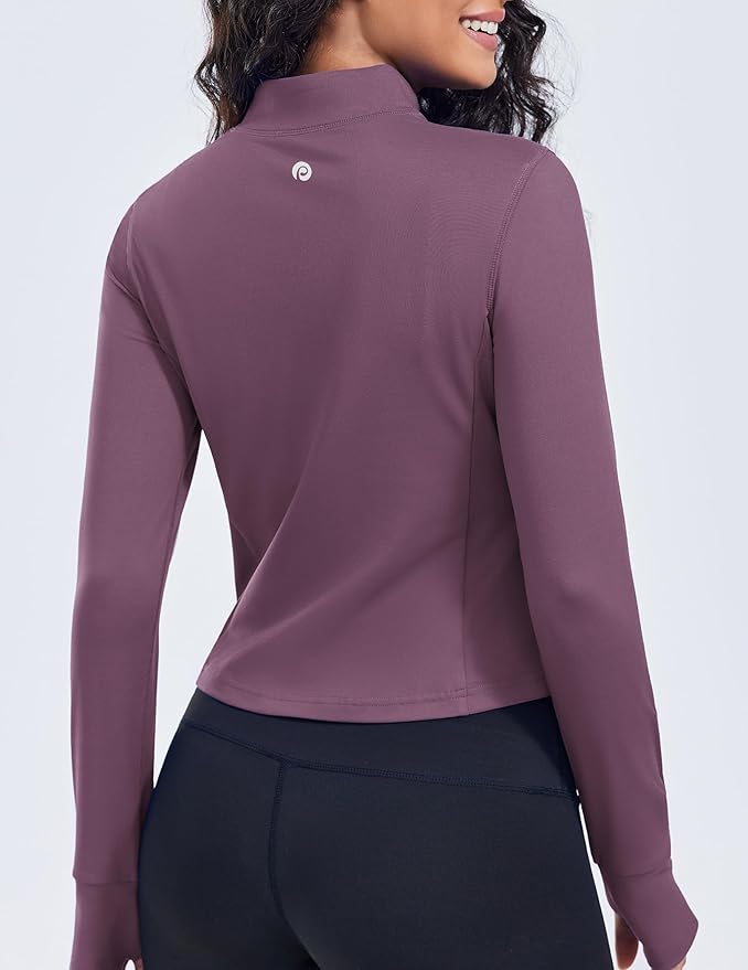 PINSPARK Women Cropped Workout Jackets Full Zip Slim Fit Athletic Jackets Thumb Holes Running Jacket with Zipper Pockets