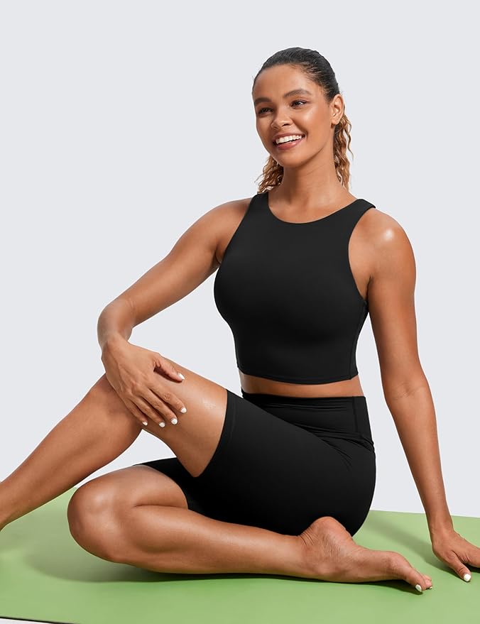 CRZ YOGA Butterluxe High Neck Crop Tank Tops for Women - Racerback Padded Longline Sports Bras Workout