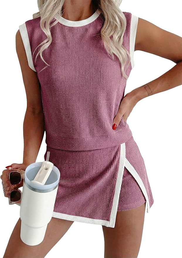 EVALESS 2 Piece Sets for Women Summer Outfits Ribbed Knit Tank Top and Split Lined Skirt Two Pieces Lounge Matching Set