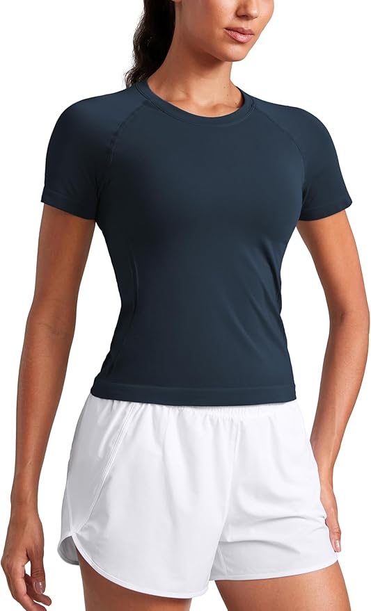 CRZ YOGA Seamless Workout Tops for Women Waist Length - Running Gym Athletic Yoga Short Sleeve Shirts Breathable Crewneck