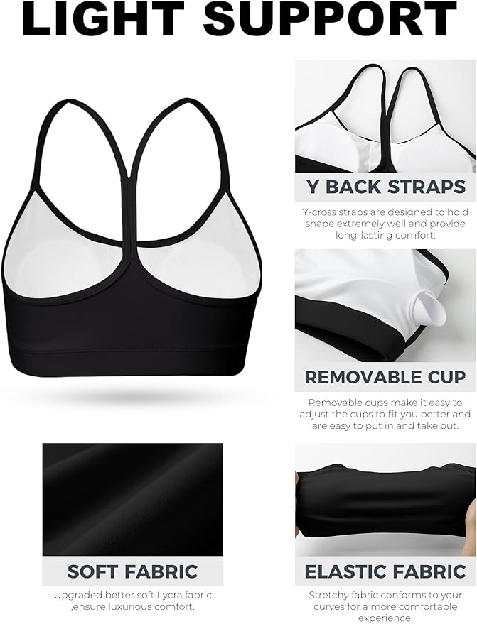 Buauty 2 Packs Y Back Sports Bra for Women, Low Impact Padded Racerback Spaghetti Strap Bras, Workout Yoga Tops