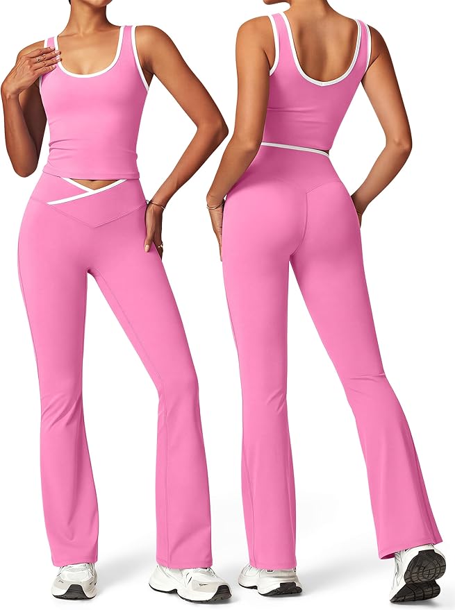OLCHEE Womens Workout Sets 2 Piece Gym Yoga Outfits Crossover Flare Leggings Crop Tank Top with Contrast Trim