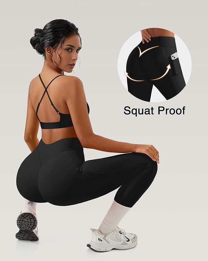 RXRXCOCO 2 Piece Workout Sets for Women Strappy Sports Bra Booty Leggings with Pockets Yoga Gym Outfits