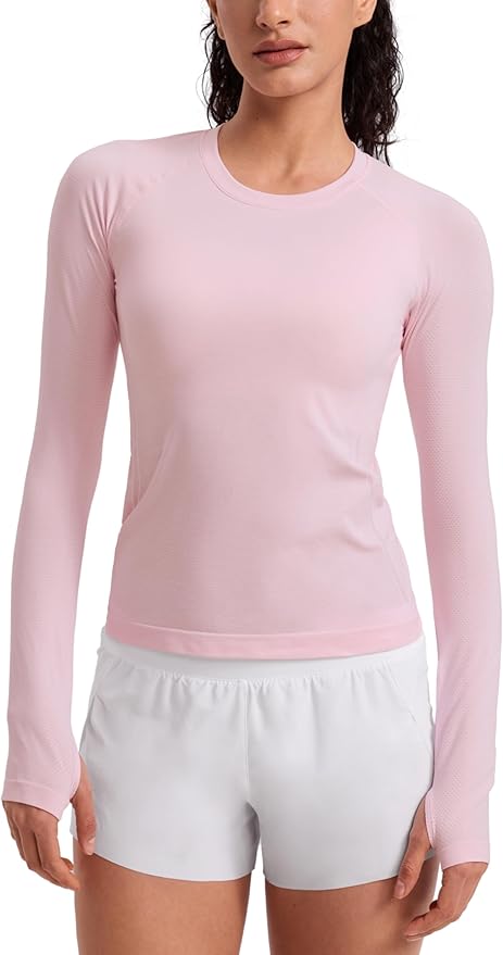 CRZ YOGA Seamless Long Sleeve Shirts for Women Waist Length - Workout Athletic Running Gym Yoga Tops Crewneck Breathable