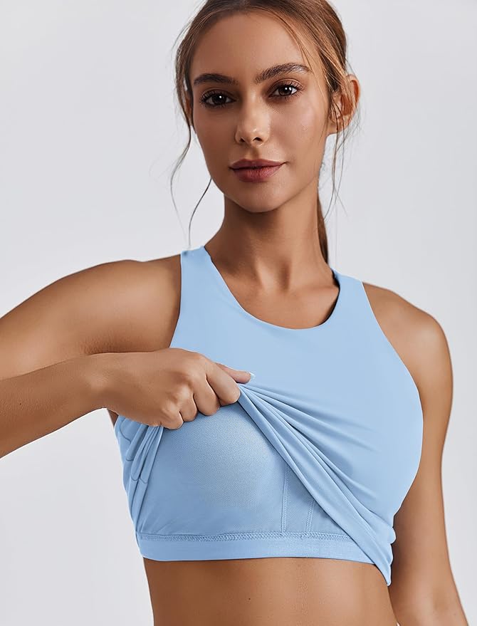 PINSPARK Women Sports Bra High Neck Racerback Workout Crop Tank Top Longline Padded Yoga Tops with Built in Pads