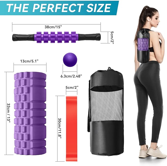 Krightlink 5 in1 Foam Roller Set, High Density Deep Tissue Massager for Muscle Massage, Massage Roller, Massage Ball, Resistance Band for Whole Body Physical Therapy Deep Muscle Massage (Purple)