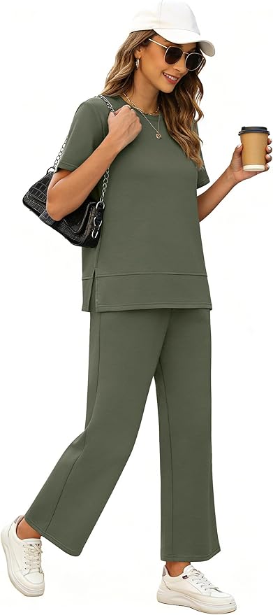 XIEERDUO Women's Side Slit Lounge Sets 2026 Fashion 2 Piece Travel Outfits Cozy Loungewear Wide Leg Tracksuits S-3XL