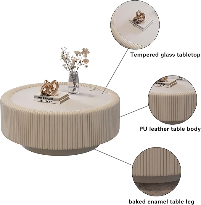 31.5" White Round Coffee Table with Storage, Tempered Glass Top PU Leather Body & Baked Enamel Base, Modern Minimalist Fluted Circle Center Tables for or Living Room, Bedroom, Apartment