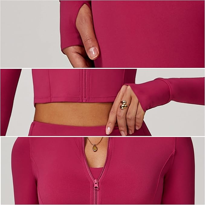 Yknktstc Womens Full Zip Athletic Jacket with Thumbhole Long Sleeve Crop Top Running Workout Yoga Sportswear Shirt